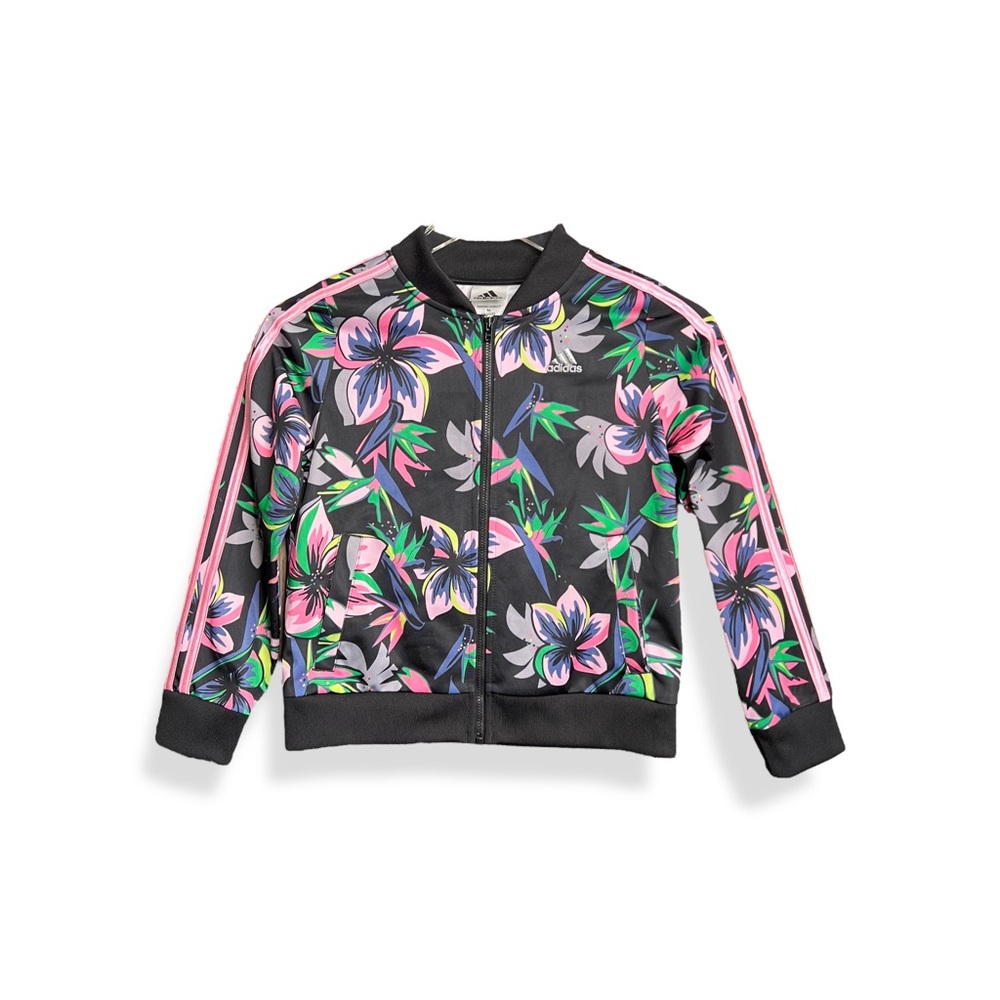 Adidas Jacket Athletic Floral Black Pink Girls Medium 10 12